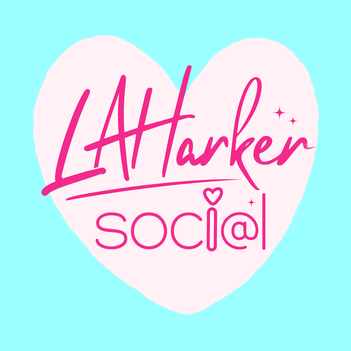 LAHarker Social logo: pink script lettering over a pale pink heart on an aqua background